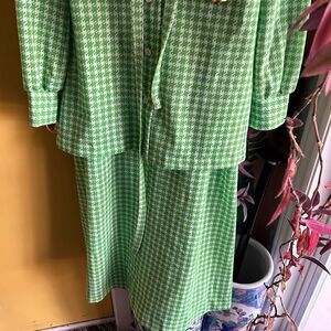 Vintage Green and white houndstooth print dress w matching maxi skirt Small